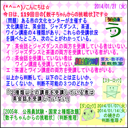 【数子ちゃんからの挑戦状２０１４】（公務員試験）［判断推理］１１９_a0043204_16193010.gif