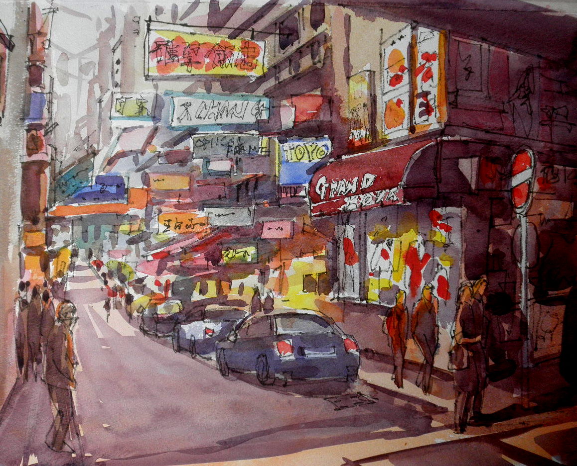 下町の商店街 HK : tedkimotoの水彩画