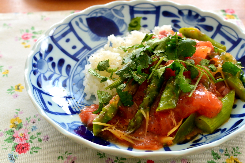 トマトとアスパラガスの塩餡かけご飯_c0287366_0172480.jpg