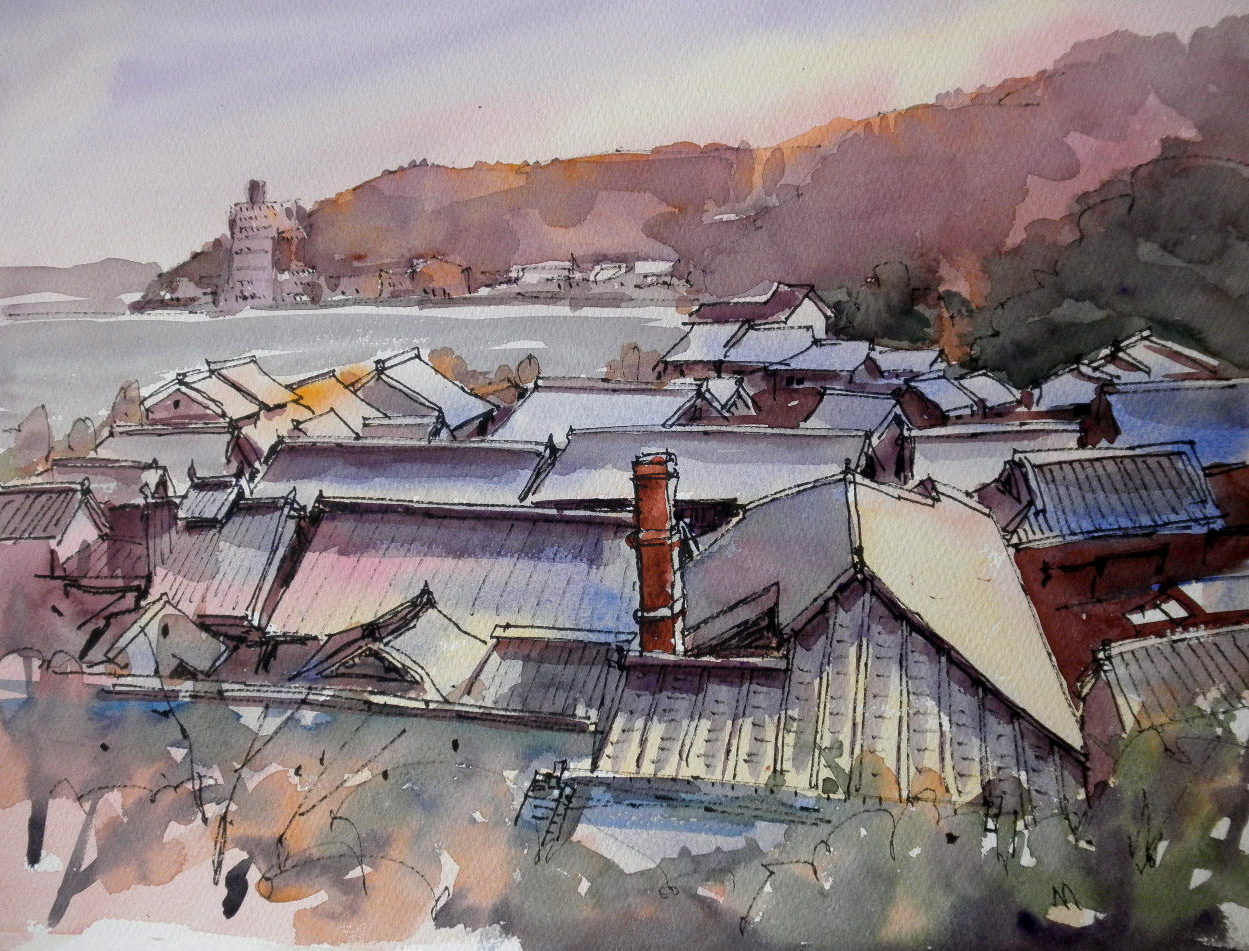 港の風景 水彩画 水彩画 港の風景 2018年作横浜税関 横浜港 横浜 海 豪華客船 船
