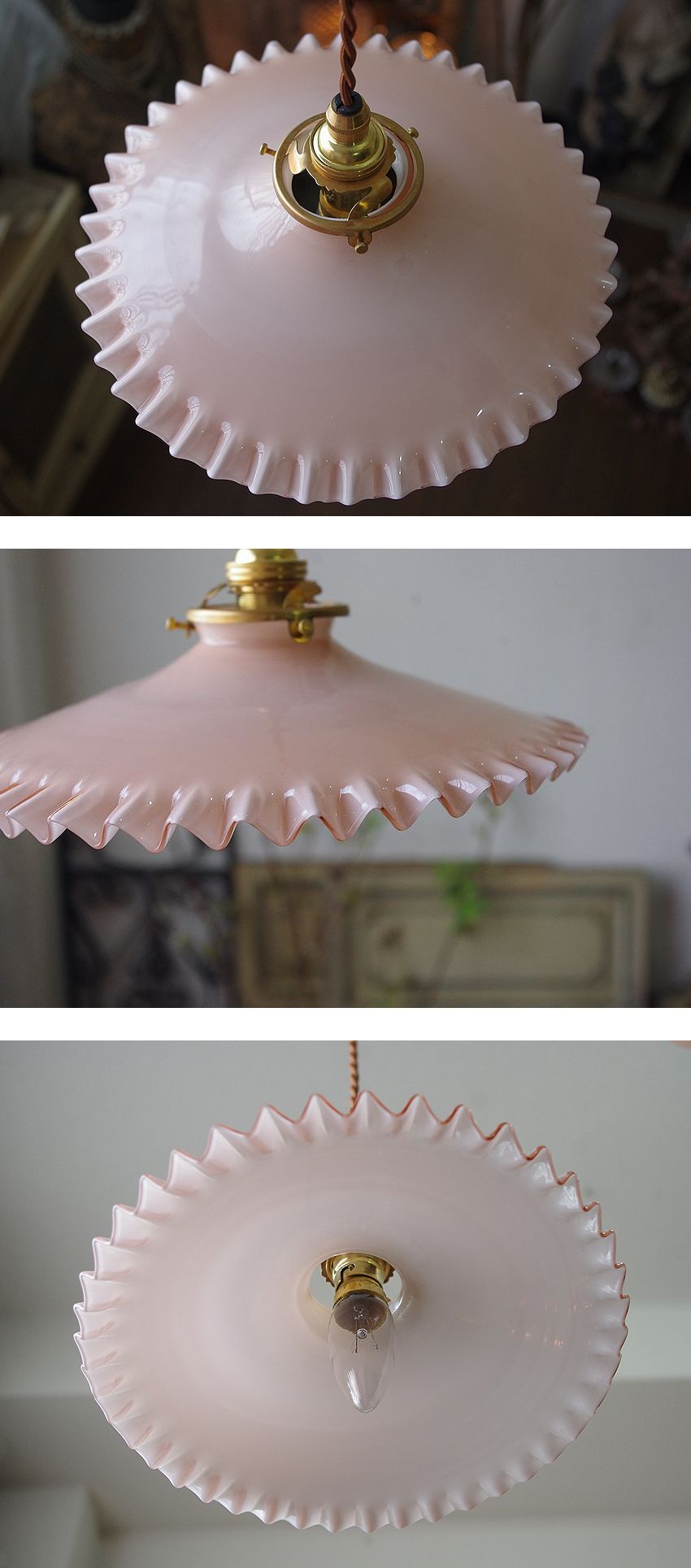 フランス　アンティーク　ミルクガラス　フリルシェード　ランプシェード　ピンク フランスアンティーク ピンクミルクガラス フリルシェード : La voix douce