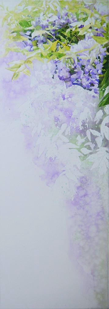 水彩画手描【藤の木の下で戯れる女性】縦72X横幅60センチ