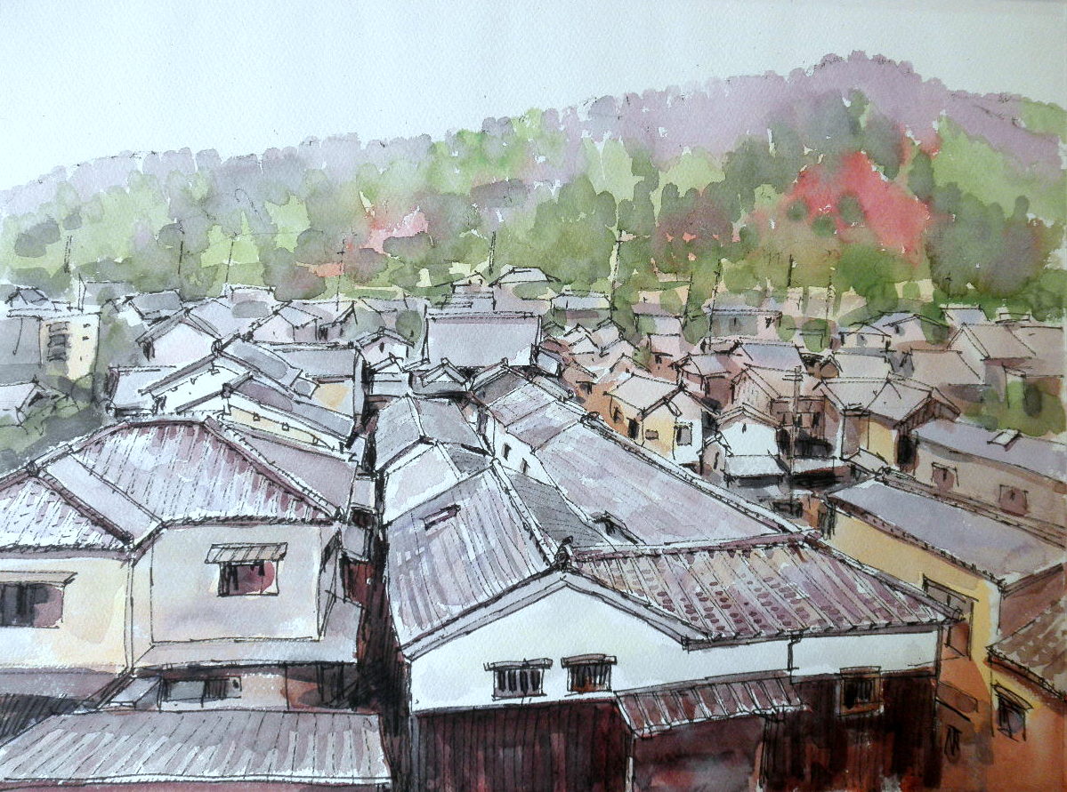 山陽道 矢掛街並み俯瞰 Tedkimotoの水彩画 山陽道 矢掛街並み俯瞰 Tedkimotoの水彩画