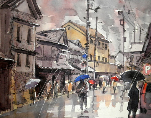 人気作家 杵渕やすお 水彩画 雨の中の風景 （ブログ 2021年7月