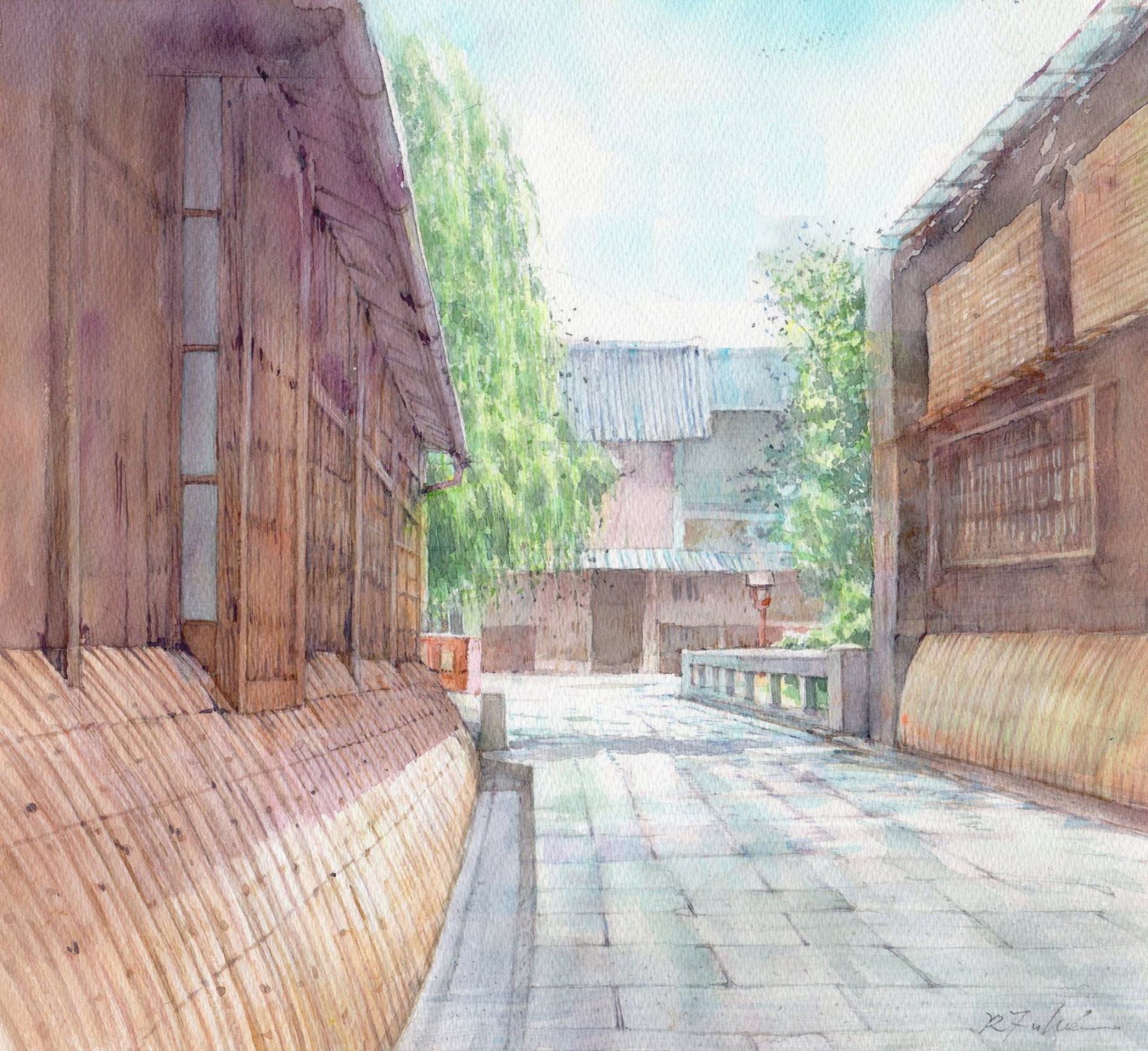絵画「蝉時雨」　水彩画 蝉時雨（京都・祇園） : 福井良佑の水彩画 Watercolor Terrace