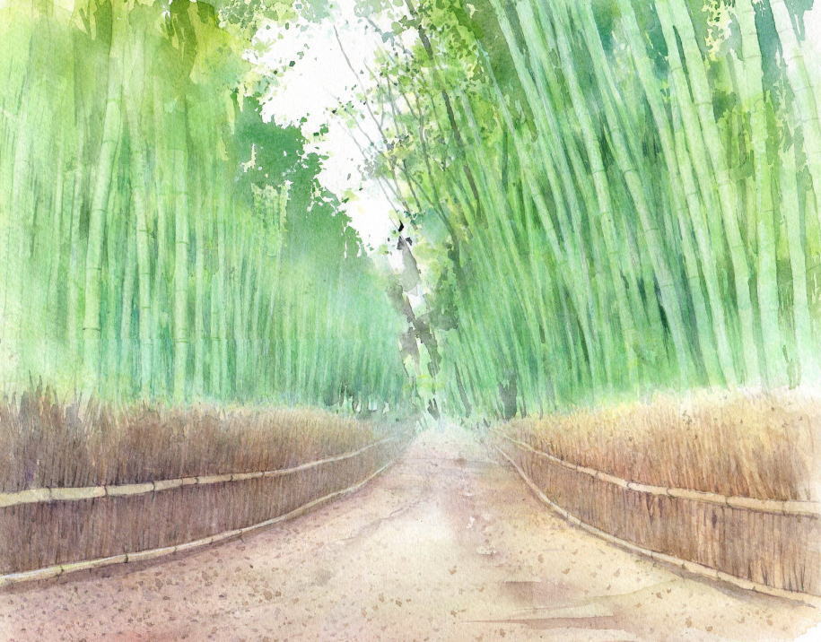 京都・嵯峨野の竹林 : 福井良佑の水彩画 Watercolor Terrace