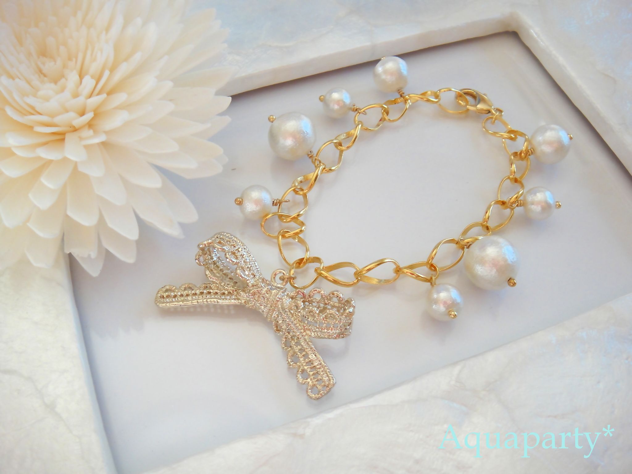 コットンパールバッグチャーム Handmade Accessory Aquaparty コットンパールバッグチャーム Handmade Accessory Aquaparty