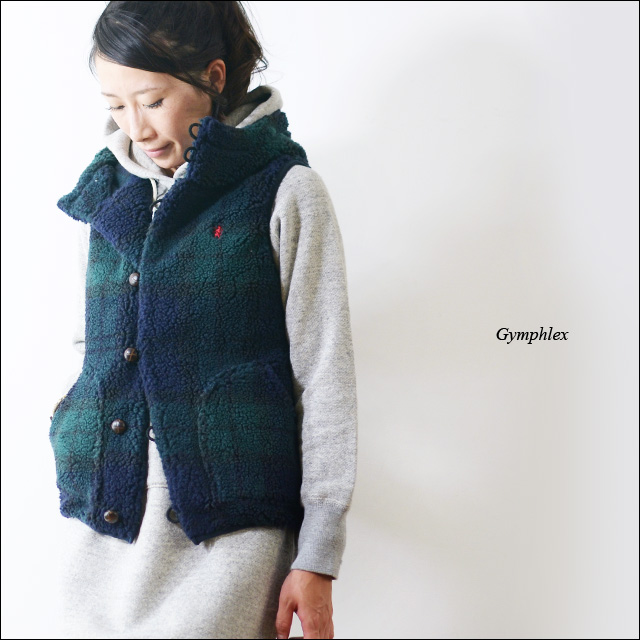 GYMPHLEX [ジムフレックス] BLACK WATCH クルミボタン ボア フード
