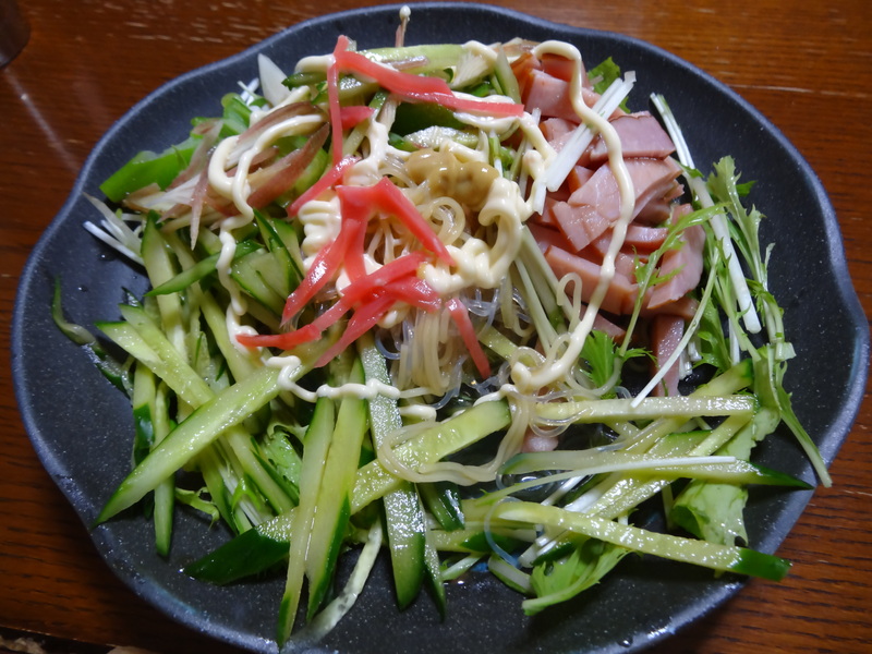 ゴーヤチャンプルー、油揚げと小松菜の炒め物、オイルサーディン、春雨の冷やし中華風です。_c0225997_0524535.jpg