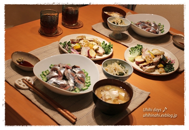 秋の根菜と豚ひれ肉だし〆のサラダ　と　秋刀魚丼_f0179404_2292023.jpg