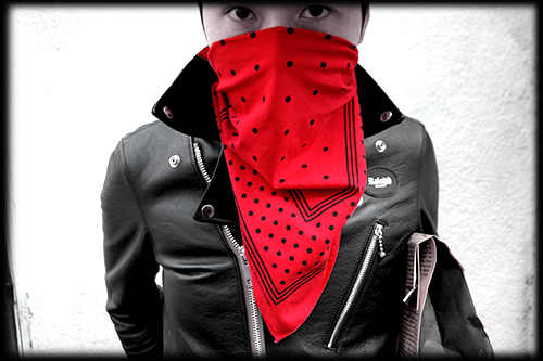 MOTORCYCLE “REBEL CLOTH” LEATHER JACKET＆FACE MASK “POLKA DOT” BANDANA with POLICE BADGE_e0325662_14012087.jpg