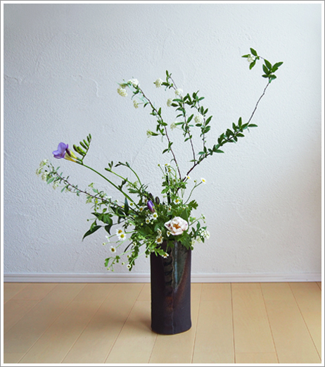 コデマリの線を生ける Tamins の花と空と月と
