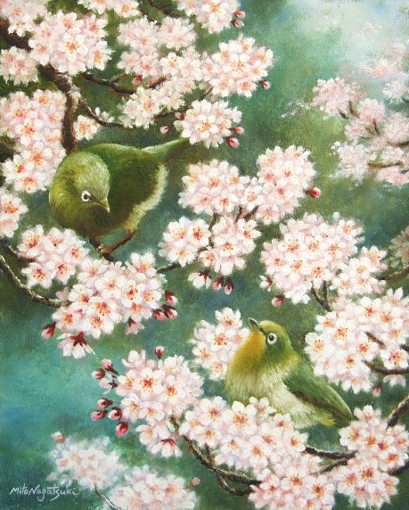 メジロと桜の油絵 油絵画家 永月水人のａｒｔ ｌｉｆｅ