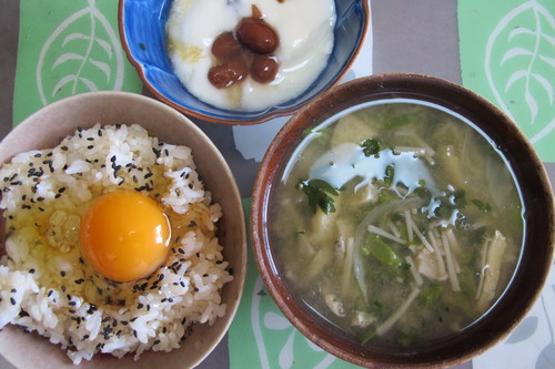 朝：生卵、わさび・もやし和え＆高野豆腐煮　昼：カレーライス＆ミズナと鰹の煮物　夜：竹輪の天麩羅_c0075701_21512874.jpg