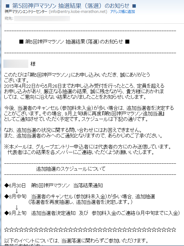 神戸マラソン15抽選結果 15 6 30 ちゃーぼー日記 神戸マラソン15抽選結果 15 6 30 ちゃーぼー日記