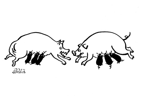 Aesop\'sFables　イソップ寓話集より：223:お産の軽さを競う豚と犬_e0026053_11494667.jpg