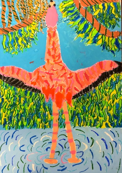 に*け様 「 逃げることをやめたフラミンゴ 」｜絵画 原画 抽象画 動物画 ドロ ザイちゃんを寝かしつけるフラミンゴ」キャンバス地レプリカ（A3