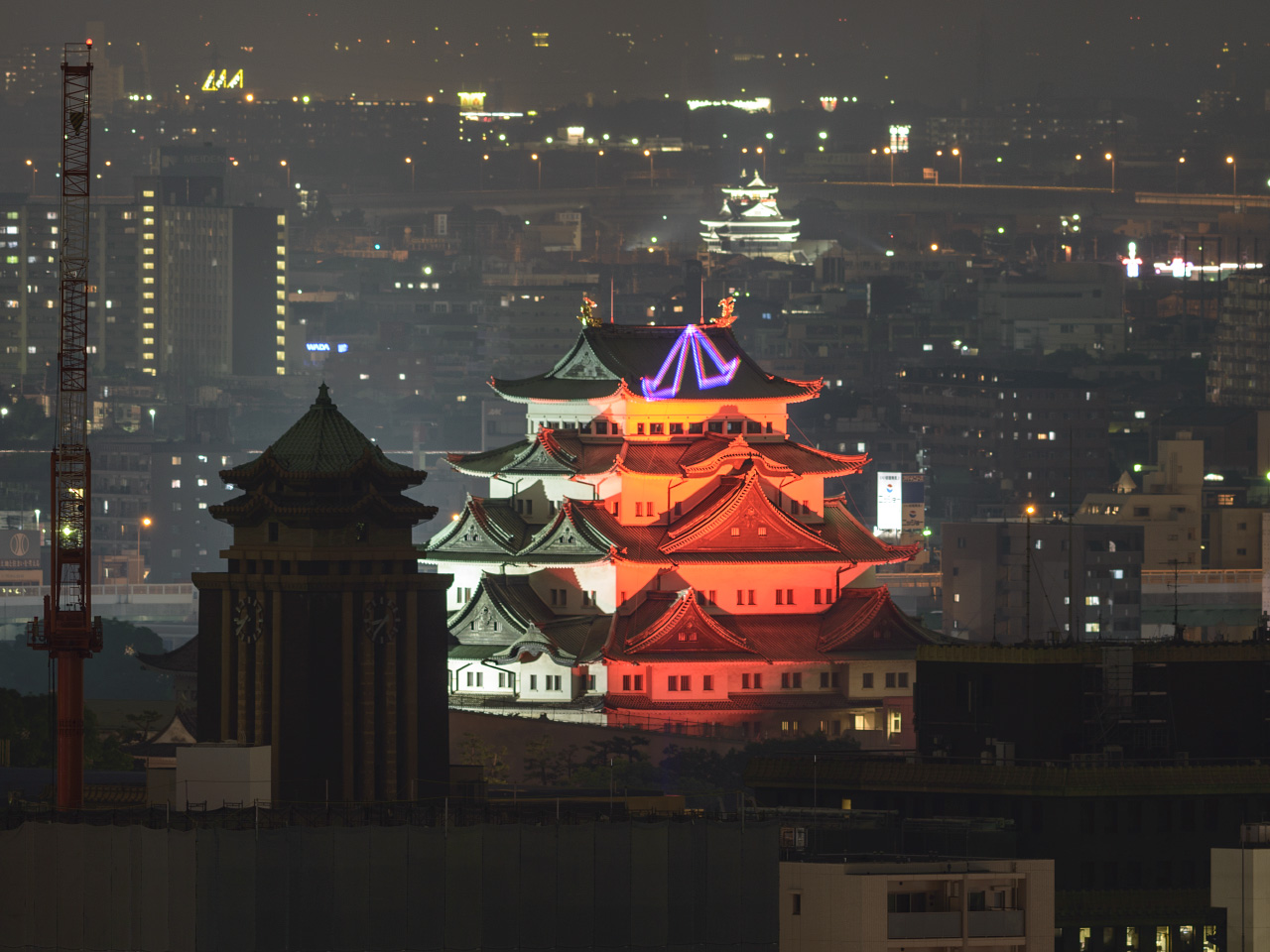 名古屋城ライトアップと長島の花火 千種観測所