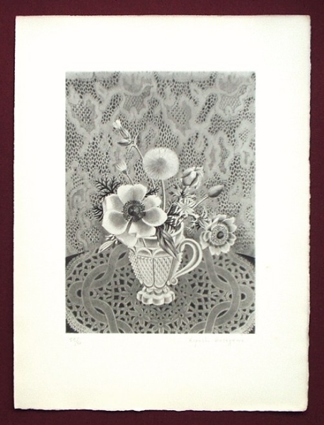 長谷川潔のアクアタント「Anémones et fleurs des champs dans un