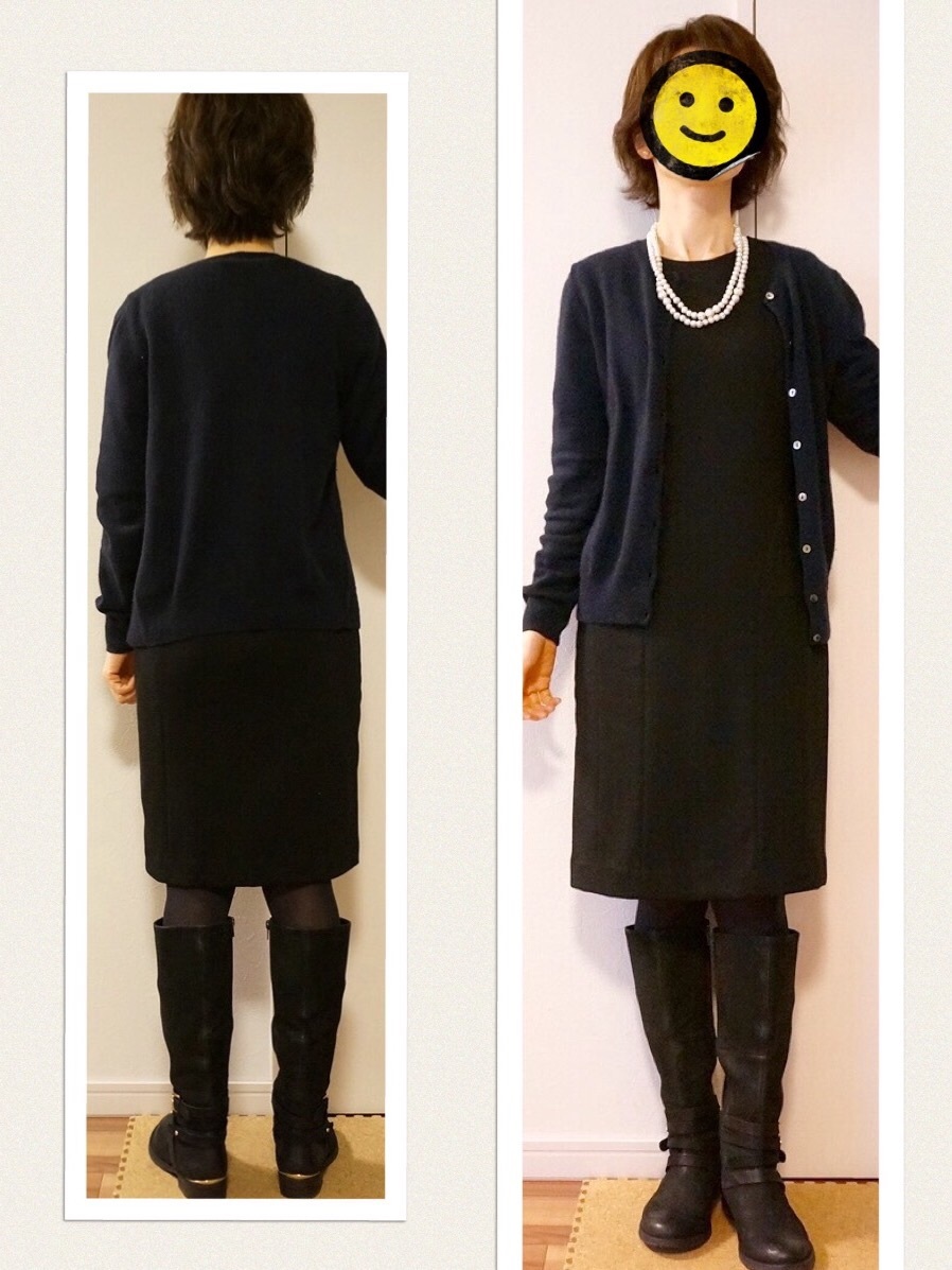コーデ ディノス黒ワンピ 無印カシミアカーデ Mirror Mirror