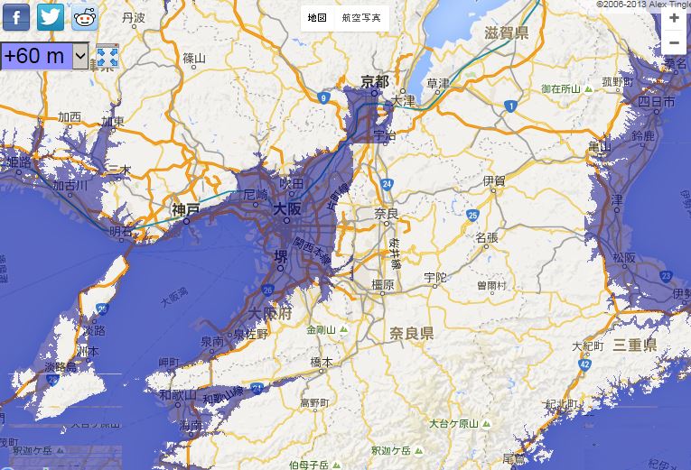 温暖化で海面が上昇すると水没する土地シュミレーション まっくわぁるど 温暖化で海面が上昇すると水没する土地シュミレーション まっくわぁるど