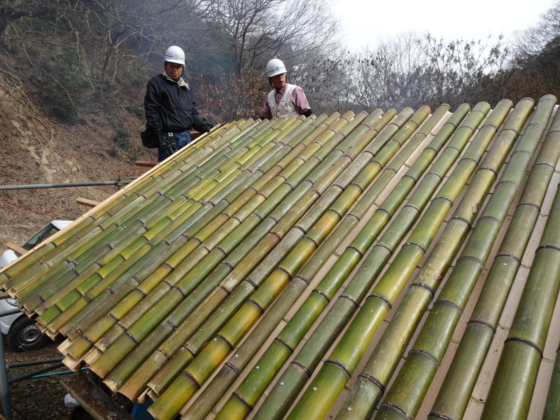 「バンブーハウス」の屋根葺き開始　in 　孝子の森_c0108460_21564348.jpg