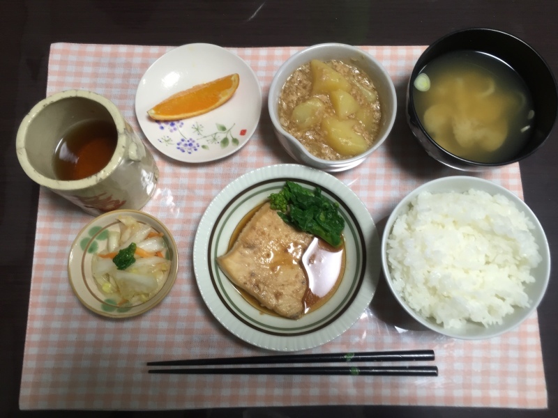 2/19　夕食「カジキの照り焼き・ジャガイモのそぼろあんかけ・あさりの味噌汁」_c0357519_19525131.jpg