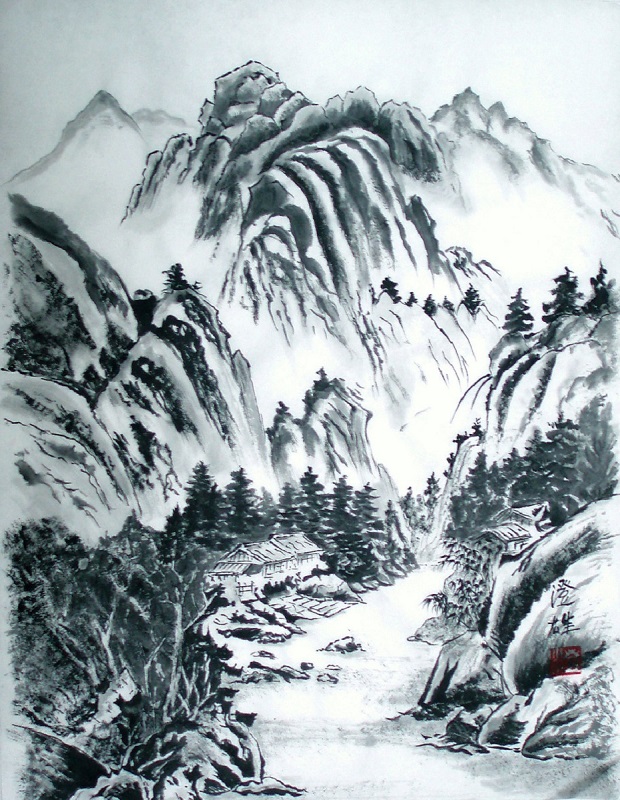 南画・春の渓谷 ≫墨絵 : 澄爺ちゃんの趣味っぱい！（3）