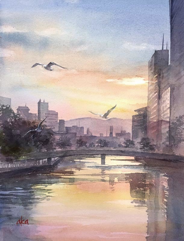 水彩画「山下公園から」 水彩画「山下公園から」