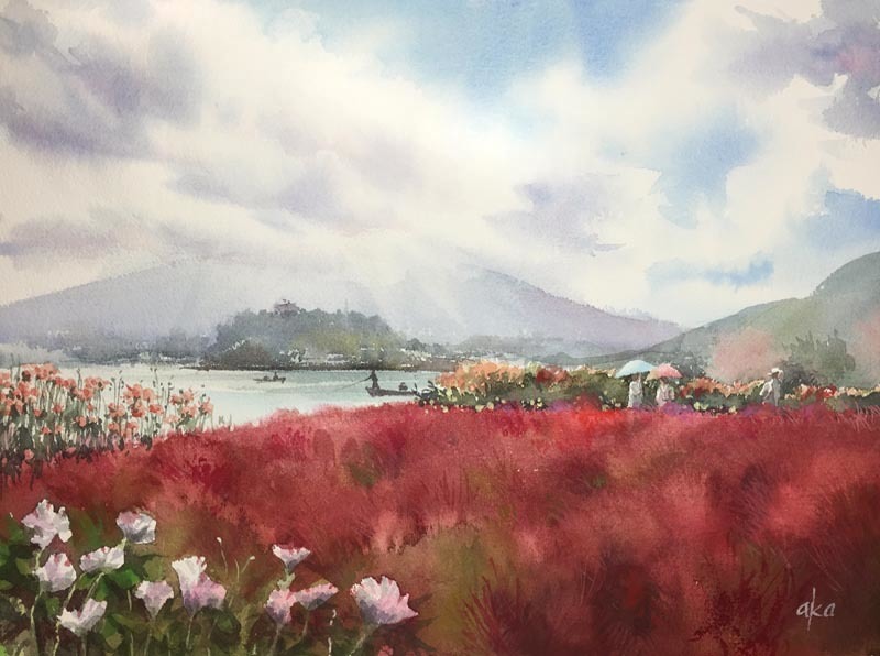 川瀬巴水 木版画 富士山 河口湖 逆さ富士 大石 珍品？ 真作不詳