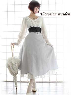 Victorianmaidenローズブーケストライプシフォンドレス+カチューシャ