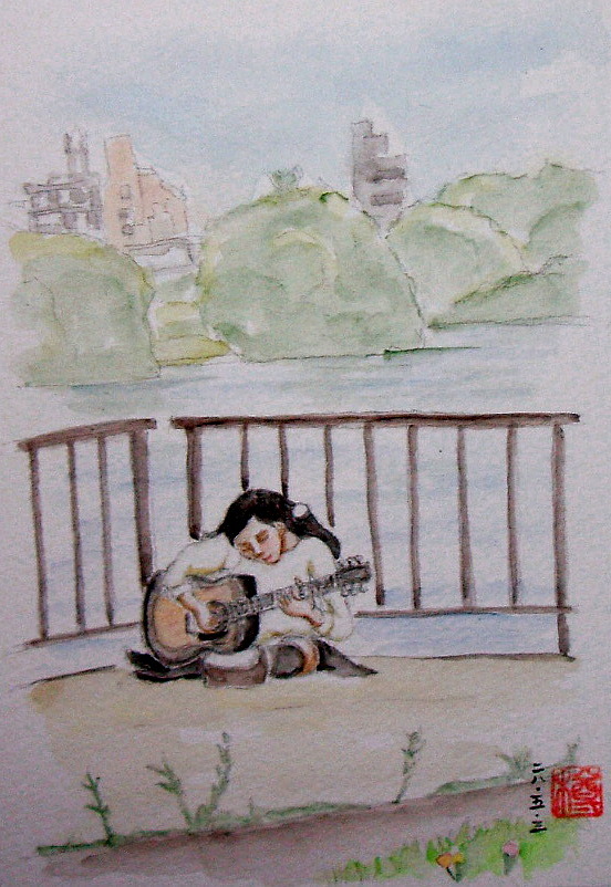 作品 川辺でギターを弾く少女 画家 棚倉 樽のアートギャラリー 作品 川辺でギターを弾く少女 画家 棚倉 樽のアートギャラリー