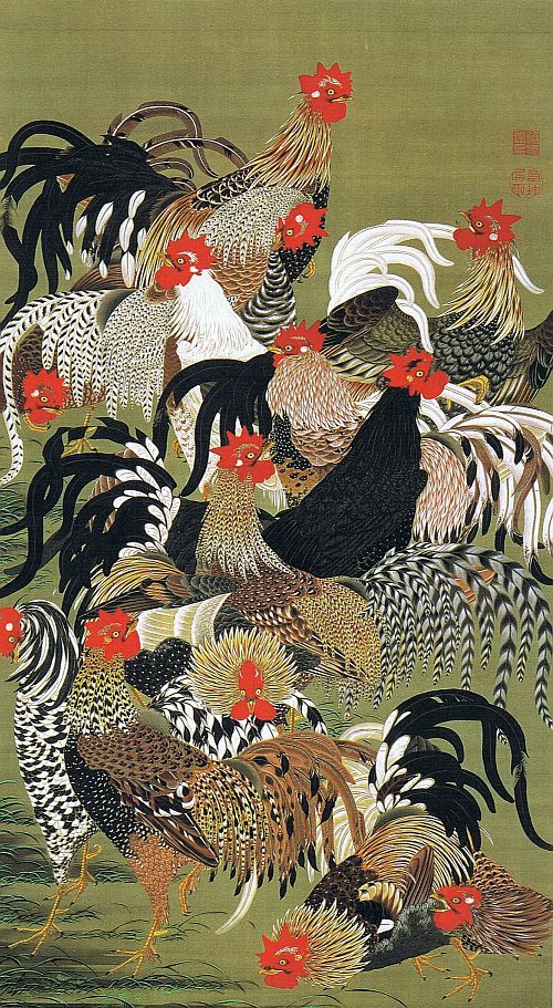 Amazon.co.jp: 伊藤若冲『旭日鳳凰図』高精彩工芸画+手彩 花鳥画