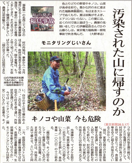 汚染された山に返すのか　モニタリングじいさん　キノコや山菜 今も危険／　東京新聞_b0242956_2393115.jpg