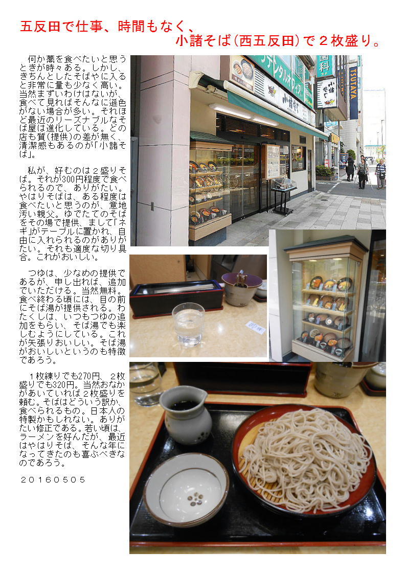 五反田で仕事、時間もなく、小諸そば(西五反田)で２枚盛り。_b0142232_05392261.jpg