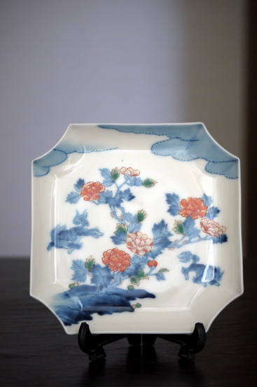 明治 香蘭社 真鍮枠付色絵褐地山水花唐草文小鉢 伊万里 有田焼