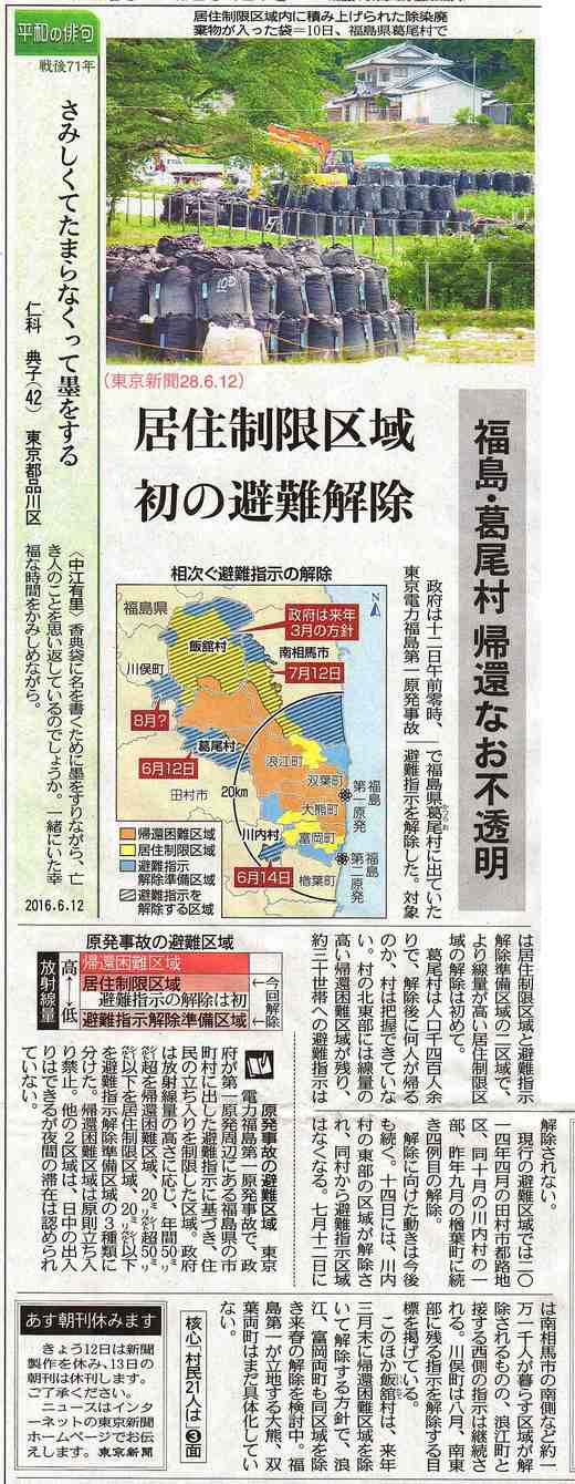 居住制限区域 初の避難解除　帰っても生活出来るだろうか　葛尾村　／ 東京新聞_b0242956_7133324.jpg