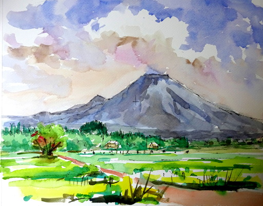 絵画「霧晴れて大山千枚田」 水彩画