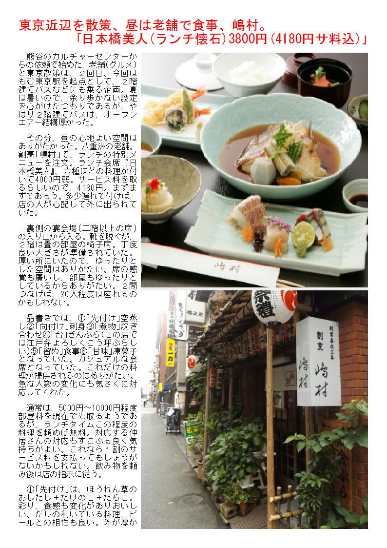 東京近辺を散策、昼は老舗で食事、嶋村。｢日本橋美人(ランチ懐石)3800円(4180円サ料込)｣_b0142232_03360469.jpg