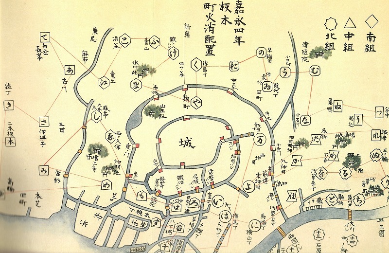 江戸消防各区纏集、名簿、地図 江戸町火消配置図「いろは四十八組」纏絵図(一枚和紙) 一から