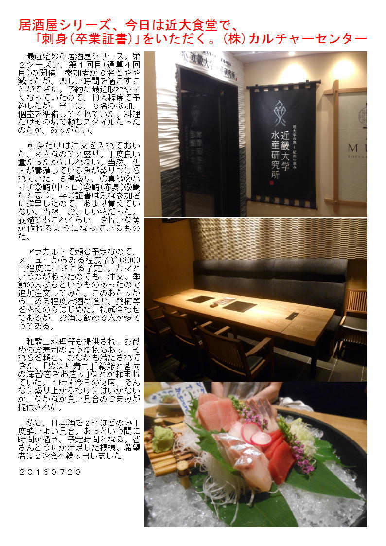 居酒屋シリーズ、今日は近大食堂で、｢刺身(卒業証書)｣をいただく。(株)カルチャーセンター_b0142232_03460478.jpg