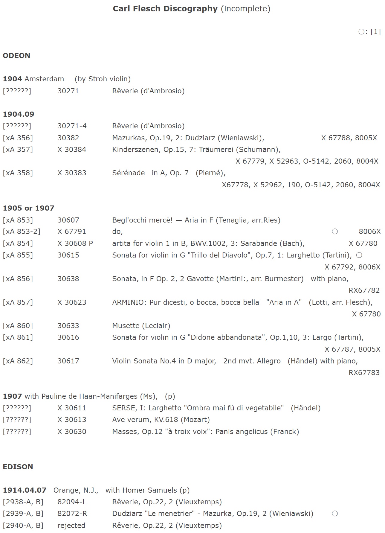 カール・フレッシュのディスコグラフィー : いぼたろうの あれも