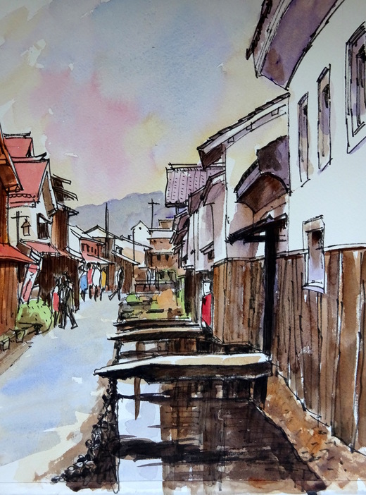 水彩画「柿実るころー白壁土蔵」