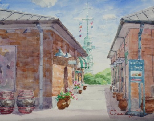 ハーバーランド赤煉瓦倉庫レストランを透明水彩で描いています : 日本 