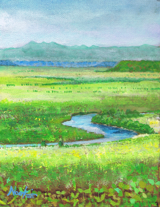 釧路湿原・初秋」透明水彩画 原画 風景画 額縁付 F4サイズ 絵画