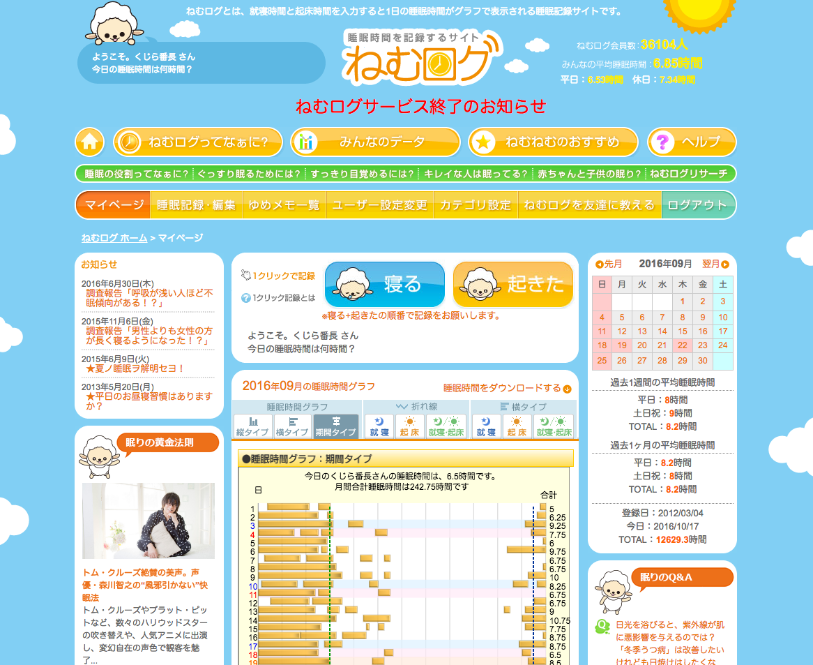 ねむログ サービス終了しちゃうんですねー : まちうのメモ帳