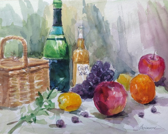 果物とワイン」静物画 パステル F6 - Dr.レビンと生徒たち