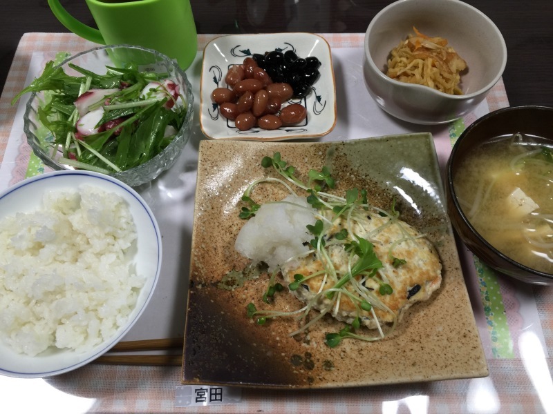 ひまわり荘 夕食 ヘルシーハンバーグ タコのカルパッチョ 今日の献立