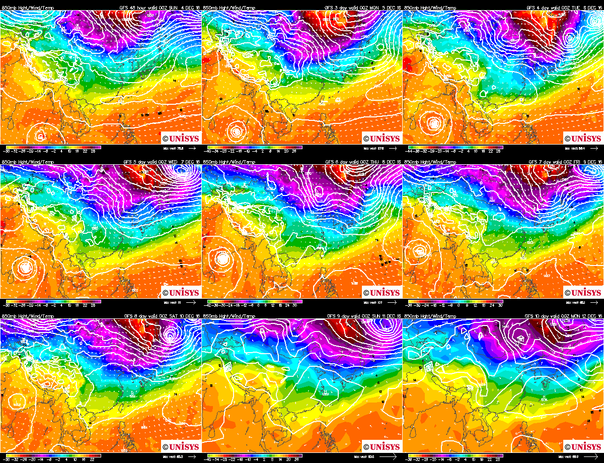 Unisys Weather　  GFS - EA - 850mb - 9Panel for East Asia+1ヶ月予報(2016年12月2日版)_e0037849_16541247.gif