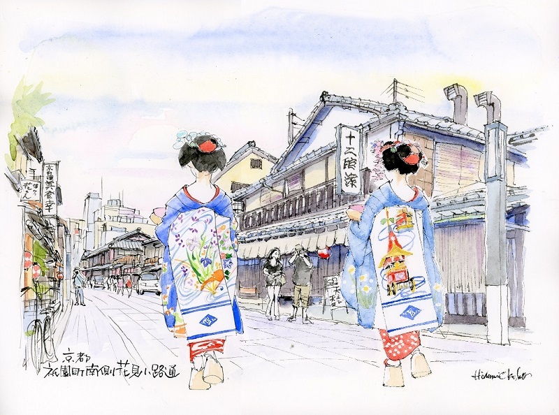祇園花見小路通と舞妓さん 風と雲